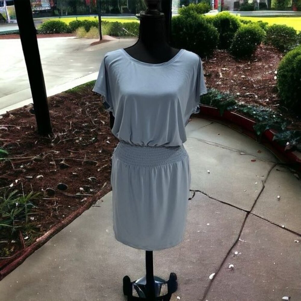 White House Black Market XS Blouson Dress Blue Scoop Neck Short Sleeve Casual